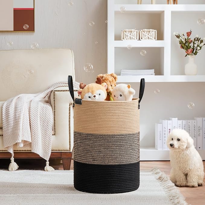 VIPOSCO 72L Tall Woven Rope Laundry Hamper, Leather Handles, Brown & Black | Large Wicker Laundry Basket for Dirty Clothes, Blanket, Toy, Towel, Yoga Mat, Storage Bin in Bedroom, Bathroom, Living Room