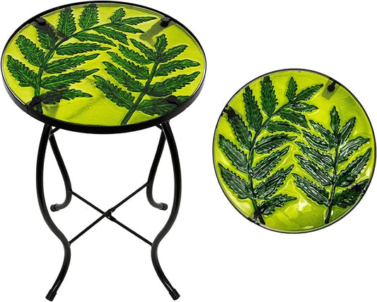 Subtropical Leaf Small Patio Table,Outdoor Side Table,Outdoor Bar Table,Metal Glass End Table for Porch Garden Yard Pool Living Room Valentine Decor，10 Inch Side, Valentine Decorations Gift