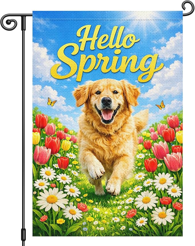 Heyfibro Hello Spring Garden Flag Double Sided 12x18 Inch Golden Retriever Floral Yard Flag for Outside Seasonal Dog Lover Outdoor Decor for Farmhouse Patio Porch