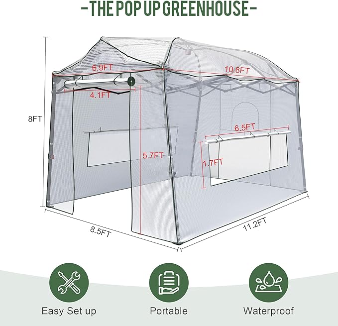 11 x 8.5 ft Pop-up Greenhouse, Walk-in Garden Green House, 4-Sided Ventilation, Heavy Duty Steel Frame, Weather-Resistant PE Cover for Indoor Outdoor with Zippered Doors