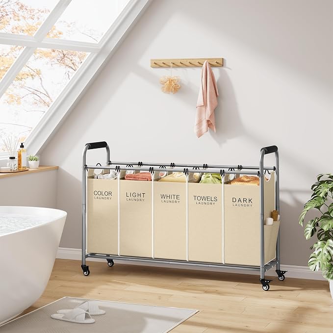 Tajsoon Laundry Sorter 5 Section, Clothes Hamper with Wheels, Beige