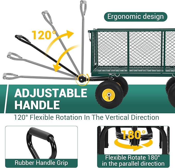 Steel Garden Cart 1100 LBS with 10" Tires, Heavy Duty Garden Wagon Cart with 180° Rotating Handle and Removable Sides, Metal Wagon for Farm, Yard, Lawn, Green