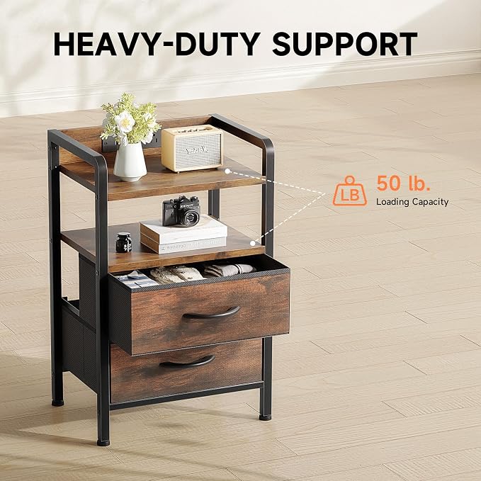 Lazzanto Nightstand with Rear Charging Station, LED Light, 2 Drawers, Brown