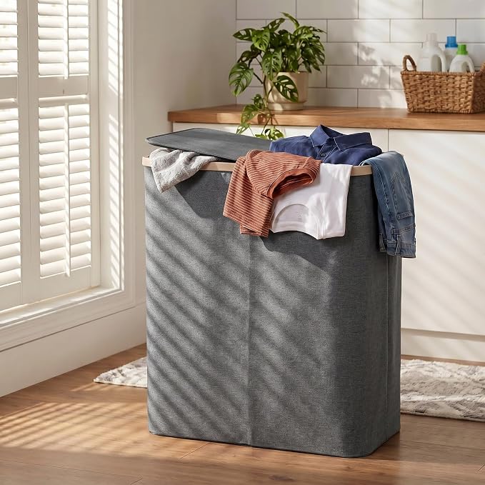 DOKEHOM 160L Double Laundry Basket Hamper with Lid & Removable Bags, Grey | Extra large 2-section collapsible clothes hamper, foldable laundry sorter bin with mesh inserts. Ideal for family use