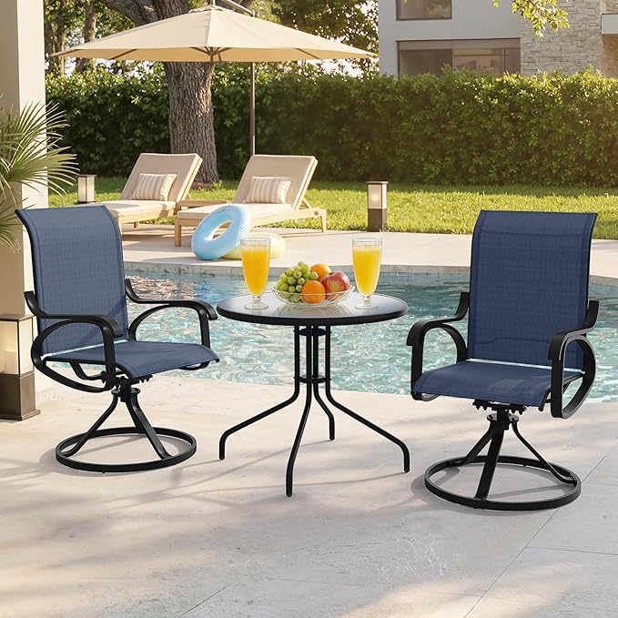 Patio Swivel Chairs Set of 8, All Weather Outdoor Rocking Chair with Textilene Breathable Back, Metal Frame, Patio Dining Chair for Backyard, Garde, Porch and Deck (8, Dark Blue)