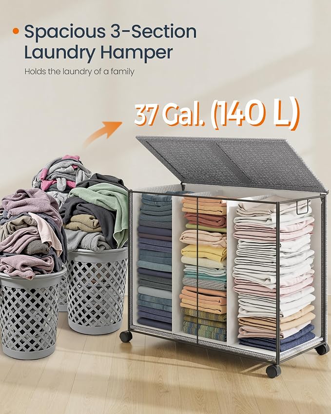 SONGMICS HOME Laundry Hamper with 3 Section, 140 L, Rattan, with Wheels | Rolling Clothes Basket with Lid, Removable Liner with Handles, Gray and Black, PEZZO Collection ULCB602G01