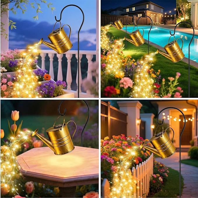 Solar Watering Can Fairy Lights Outdoor Decor Fountain String Art Decorations for Garden Yard Patio Backyard, Waterproof Metal Landscape Path Ornament, Unique Mom Gift