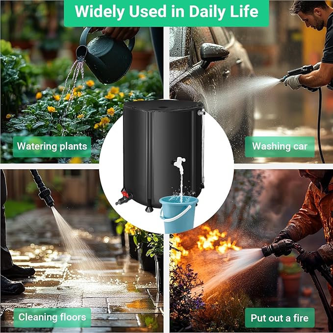 FAMIROSA 50 Gallon / 200L Rain Barrel, Collapsible Rain Barrels to Collect Rainwater from Gutter with Spigots and Overflow, 500D PVC Portable Rain Water Collection Catching System, Water Catcher Tank