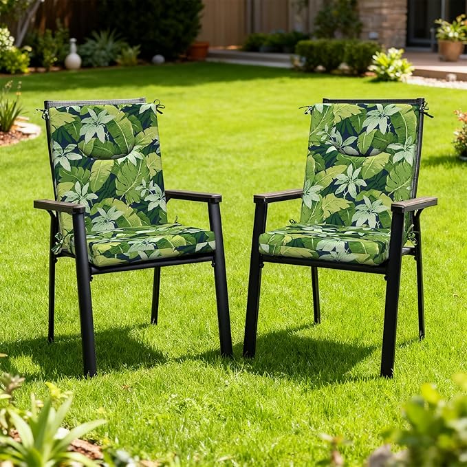 DYTXIII Outdoor High Back Chair Cushions Set of 2, 44x20 in Water Repellent Patio Seat Cushions with Elastic Sponge, All Weather Cushions for Rocking, Dining Chairs, Patio Furniture - Jungle Leaves