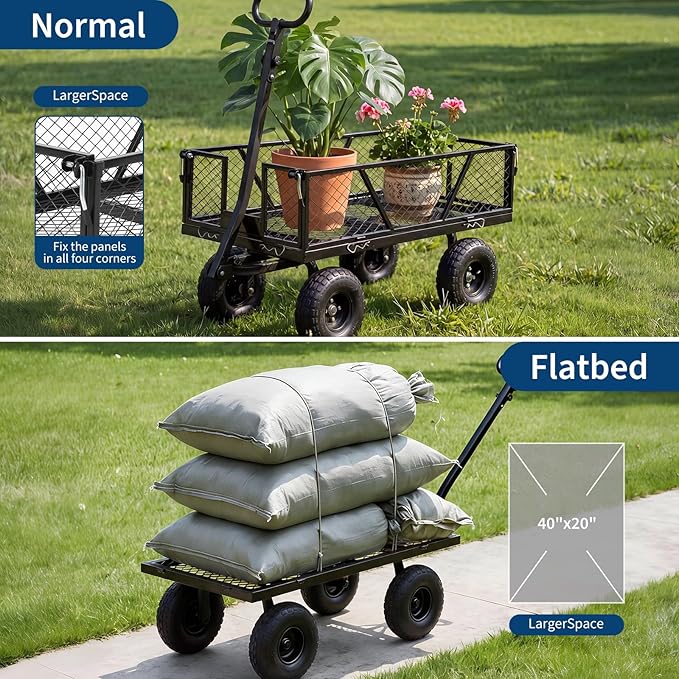 Heavy Duty Steel Garden Cart, 950 LBS Load Capacity Garden Wagon with 10 inch Tire and 180° Rotating Handle Attach to ATV or Tractor, Yellow