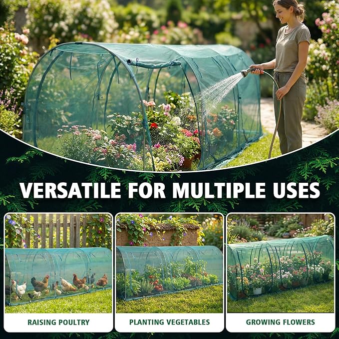148x49x49inch Crop Cage Portable Tunnel Plant Netting Cover Tomato Netting, 4 Roll-Up Zipper Door Garden Cage, Bug Netting Cover for Vegetables & Fruits, Durable Raised Garden Bed Covers
