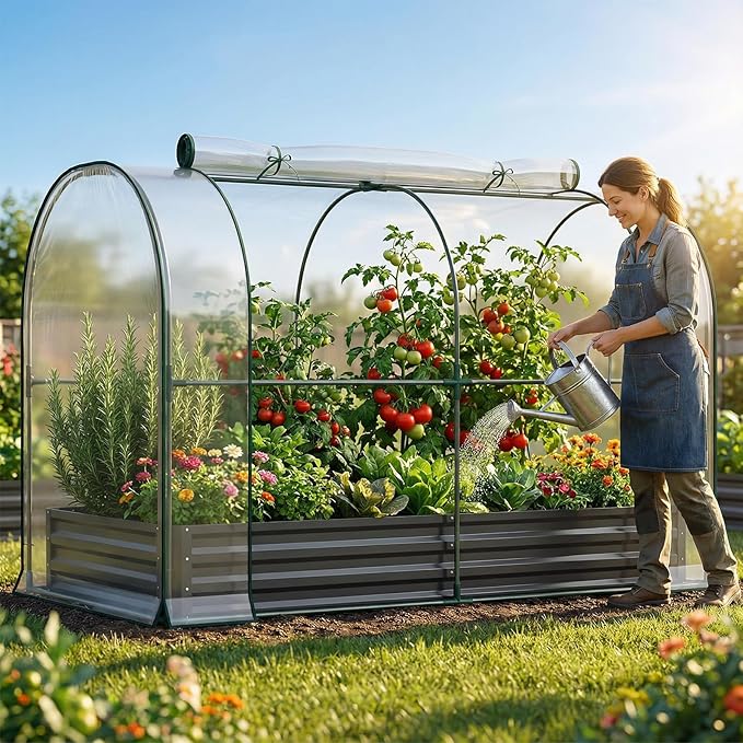 DoCred Galvanized Raised Garden Bed with PVC Cover, 84.6" x 45.3" x 47.2" Metal Planter Bottomless Box w/ Roll-Up Window, Mini Greenhouse Tent for Outdoor Growing Vegetables Flower Fruit
