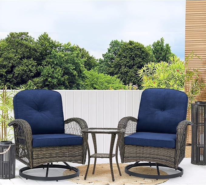 MELLCOM 3 Pieces Patio Furniture Set, Outdoor Swivel Rocker Patio Chairs, Wicker Patio Bistro Set with Rocking Chair, Thickened Cushions and Glass Coffee Table for Backyard, Garden, Navy Blue