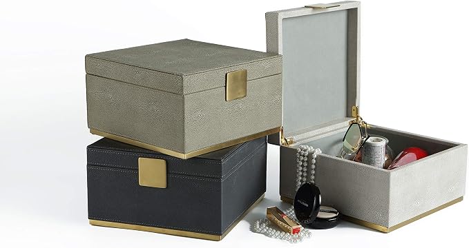 Ivory Shagreen Square Decorative Organizer for Home Decor - Faux Leather Storage Jewelry Box - Men's Accessories, Women's Cosmetic Shelf Organizer (Ivory, 9.8x9.8 inch)