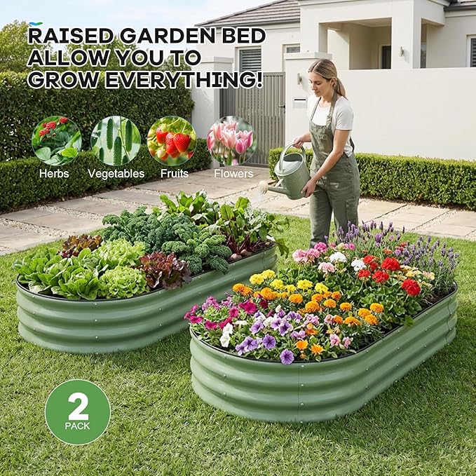 Galvanized Raised Garden Beds Outdoor, 6x3x1ft Oval Metal Raised Beds for Gardening, Rust-Resistant Garden Planter Box for Planting Vegetables, Flowers, Fruits in Lawn(Olive Green, 2 Packs)