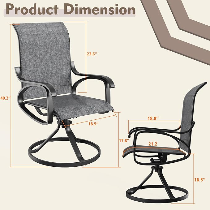 Patio Swivel Chairs Set of 2, All Weather Outdoor Rocking Chair with Textilene Breathable Back, Metal Frame, Patio Dining Chair for Backyard, Garde, Porch and Deck (2, Modern Grey)