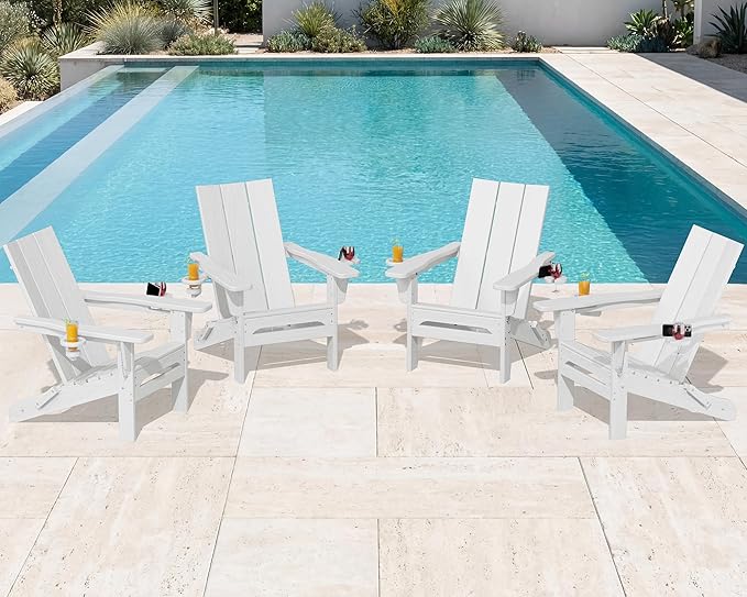 SERWALL Modern Folding Adirondack Chair Set of 4, All Weather Resistant Outdoor Adirondack Chair with Cup Holders, HDPE Adirondack Chair for Patio Lawn Garden, White