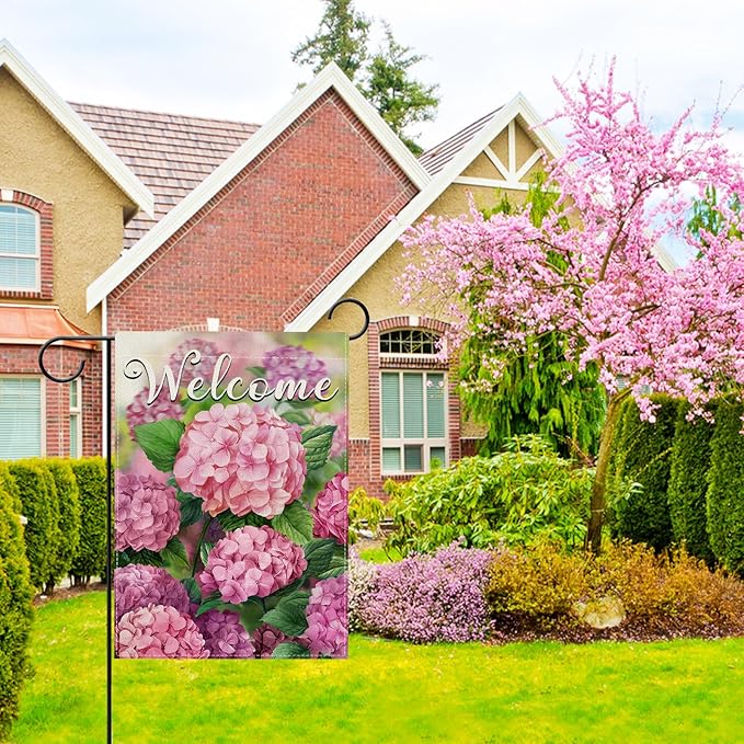 Hzppyz Welcome Spring Summer Hydrangea Garden Flag Double Sided, Pink Floral Flower Decorative Yard Outdoor Home Small Decor, Seasonal Burlap Outside House Decoration 12 x 18