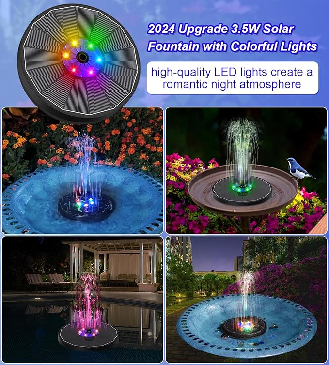 SZMP Solar Fountain 3.5W Floating Bird Bath Fountains with Blue Flower Upgraded Glass Panel with 7 Nozzle & 4 Fixer, Solar Water Fountain for Garden, Pond, Outdoor (Colorful)