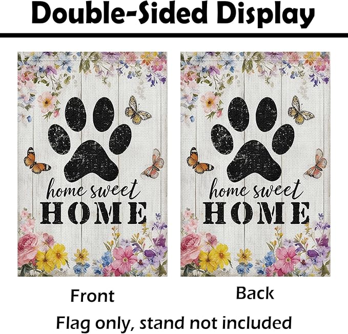 Heyfibro Spring Home Sweet Home Garden Flag 12x18 Inch Double Sided Floral Garden Flag Seasonal Small Paw Print House Flags for Outside Yard Farmhouse Spring Outdoor Decorations