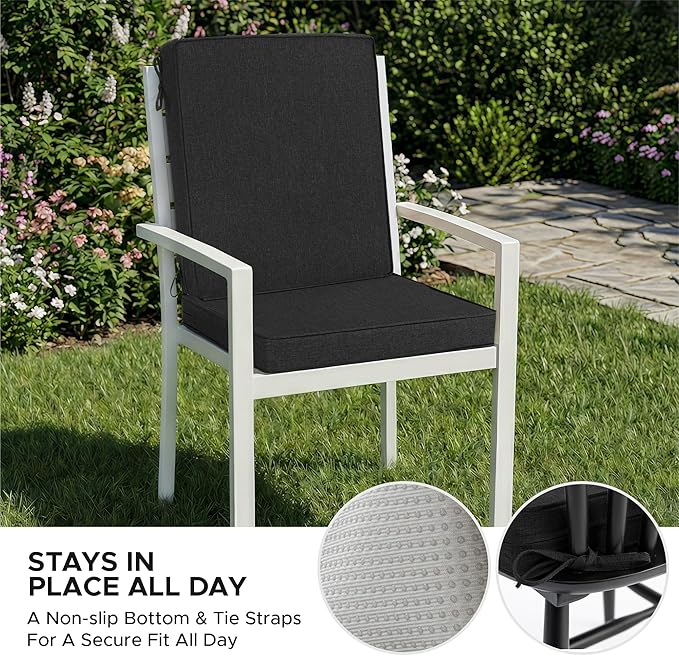 Outdoor Chair Cushions, Water-Resistant & Fade-Resistant, Patio Furniture Lawn Dining Chair Seat Replacement with Mid Back, Ties Zipper, Removable Cover, 18 x 16.5 Inch, Set of 1, Black