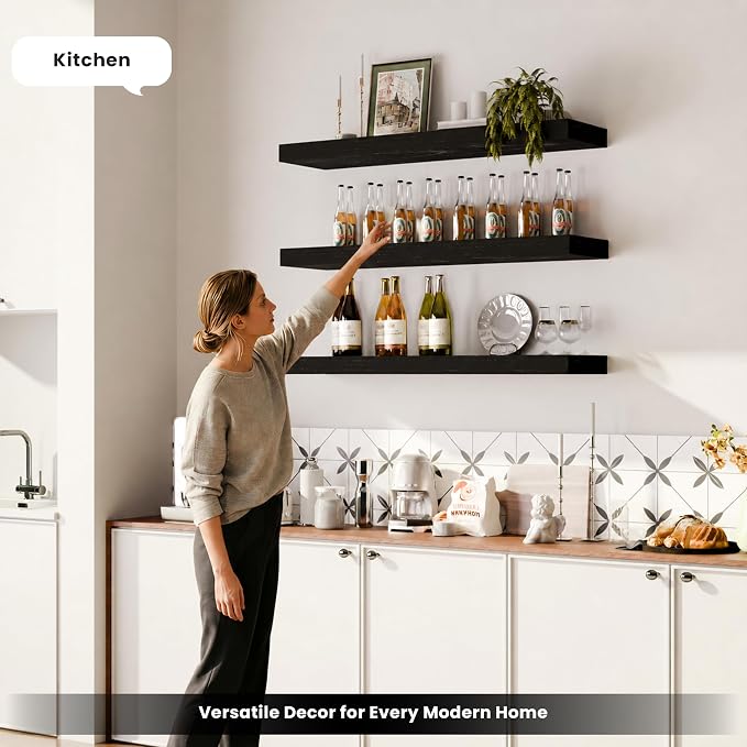 36 Inch Floating Shelves for Wall, Set of 3 | Wood Wall Mounted Shelves with Invisible Brackets, Rustic Farmhouse Long Shelf for Bedroom Living Room Kitchen (Black)