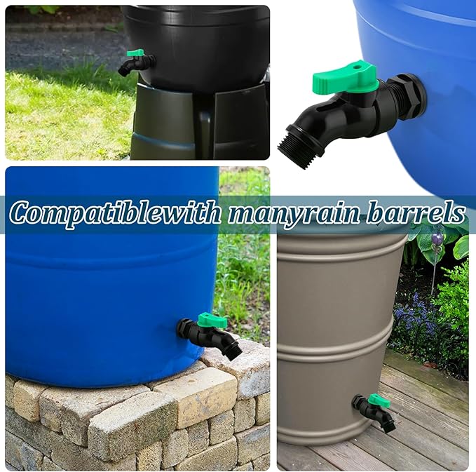 Plastics Rain Barrel Spigot Kit High Flow Valve Core Water Tank Faucet+PVC Bulkhead Fitting 1/2" NPT to 3/4" GHT Rain Barrel Spigot for Plastic Bucket Rainwater Drum Container Downspout Collector in