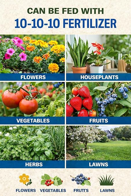 10-10-10 General All Purpose Fertilizer for Flowers and Vegetable Beds - Raised Garden Beds - Safe for Fruits, Lawns, Grass - Promotes Soil Heath and Growth (10 Pounds)