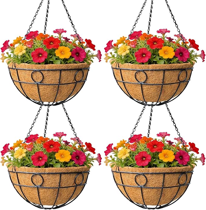 Classic Round Wire Hanging Basket 4 Packs 12 Inch Deep Coco Liner Water-Absorbing All-Weather Garden Deck Hanging Planter with Chain Flower Pot