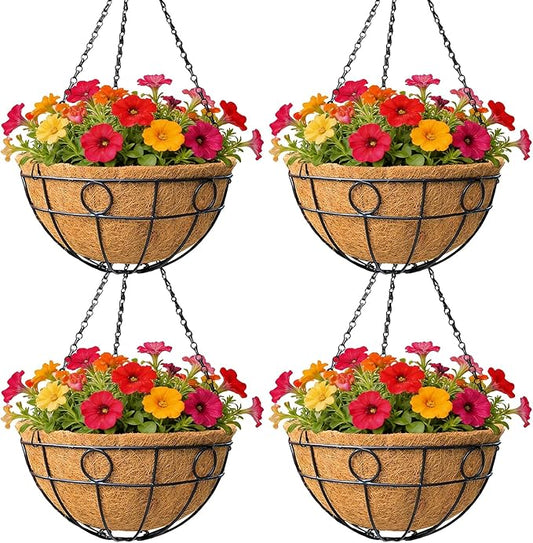 Classic Round Wire Hanging Basket 4 Packs 12 Inch Deep Coco Liner Water-Absorbing All-Weather Garden Deck Hanging Planter with Chain Flower Pot