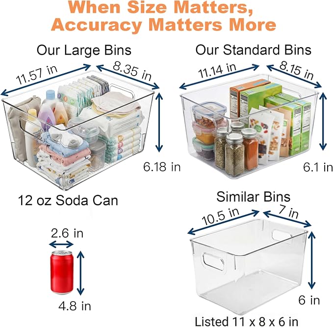 MOONEDGE 8 Pack Clear Plastic Storage Bins 12x8x6in Pantry Organizer