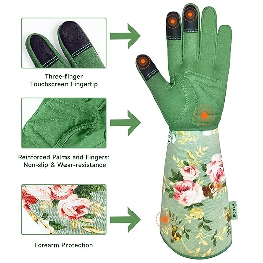 WANCHI Garden Gloves, Long Sleeve Leather Gardening Gloves for Yard and Gardening Work, Gardening Gifts for Women, Cute, Comfortable, Durable, Green Print (Small)