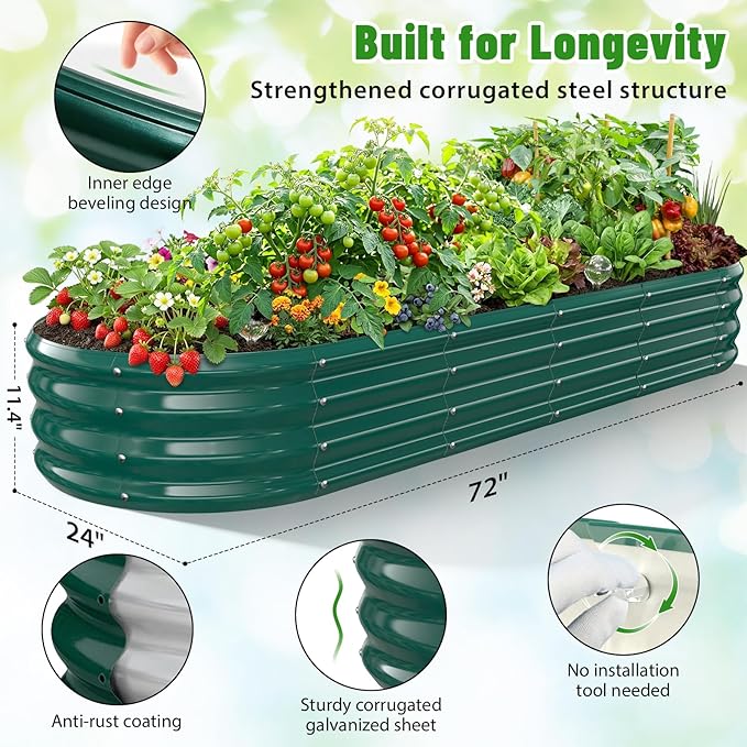 Oval Raised Garden Bed, 6 x 2 x 1FT, Galvanized Steel Planter Box with Wave-Shaped Metal Panels Painted for Outdoor Flower,Tree,Herb & Vegetable Garden (Green, 72X24X12 inches)