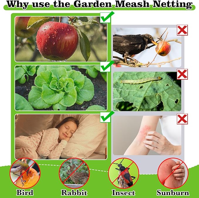 39 x 10 Ft Mosquito Netting for Garden Patio, Breathable Mesh Net for Bird and Insect Protection, Plant Cover for Vegetables, Fruits and Flowers, 3x12m Green