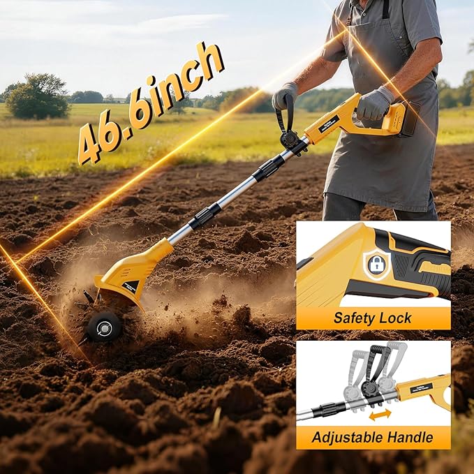 Garden Cordless Tiller Cultivator Compatible with Dewalt 20V Battery: 330RPM 48 Steel Tines - 9.3In Tilling Width and 6.3In Depth Garden Rototiller for Lawn/Soil Cultivation (Tool Only NO Battery)