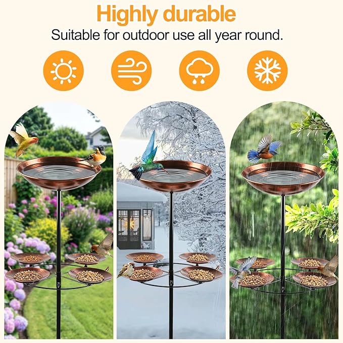 2.8" Deep 41" Tall Metal Bird Bath Bow with 4 Set Bird Feeder for Outdoors,12" Dia 2-in-1 Bird Bath & Feeder Water Bowl,Vintage Standing Birdbaths with Stable Stake for Garden Yard Lawn Decor
