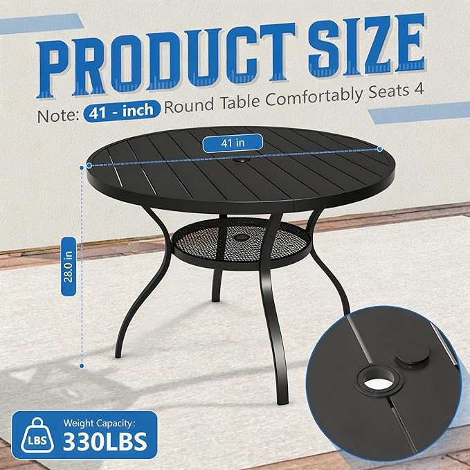Patio Dining Table, 41" x 41" Outdoor Round Metal Table with1.57 Umbrella Hole, for Backyards, Porches, Gardens or Poolside, Black