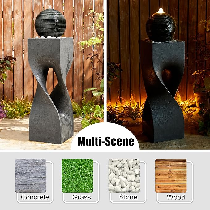 Glitzhome Outdoor Water Fountain, 40.5" H Modern Geometric Pedestal and Sphere Polyresin Outdoor Fountain, Garden Fountain Waterfall with Pebbles, Pump and LED Light for Patio, Backyard, Porch, Deck