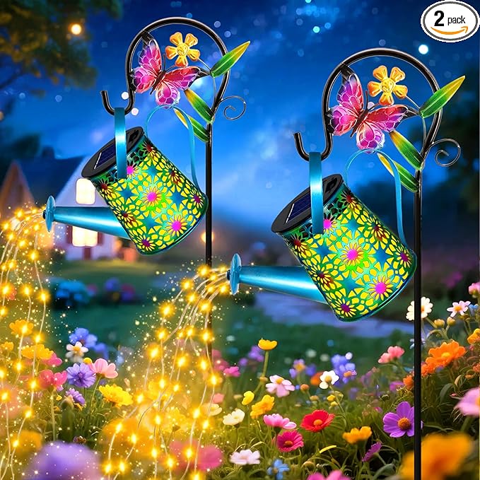 2 Pack Solar Lights Outdoor Decorative, Blue Metal Solar Watering Can Lights Waterproof, Gifts for Women Mom Grandma Mother's Day, Hanging Lanterns Decoration Garden Decor for Outside Yard Patio Lawn