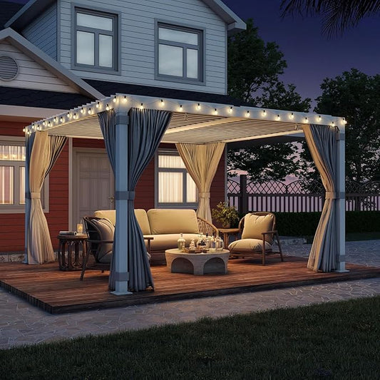 EROMMY Louvered Pergola 10x10, Outdoor Aluminum Pergola with Adjustable Rainproof Roof for Garden, Patio, Deck, Waterproof Curtains and Netting Included, White