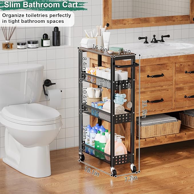 Laundry Room Slim Rolling Cart with Wheels for Between Washer and Dryer Gap | Utility Slim Storage Cart with Table Top, Small Laundry Organizers and Storage Shelves, Thin Shelf for Narrow Spaces, 4 Tier