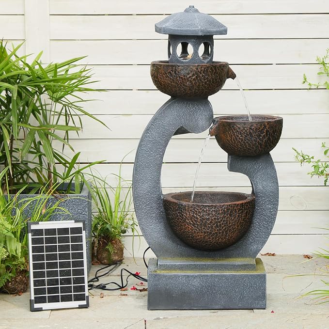 Tankana 36 inches Water Fountain Outdoor Solar Powered Zen Pagoda Garden Japaness Modern Tranquil Waterfalls Fountains Landscaping Cascading Bowls on Patio Yard Porch Deck Balconies Lawns, Gray
