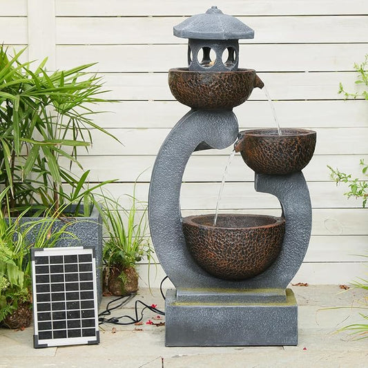 Tankana 36 inches Water Fountain Outdoor Solar Powered Zen Pagoda Garden Japaness Modern Tranquil Waterfalls Fountains Landscaping Cascading Bowls on Patio Yard Porch Deck Balconies Lawns, Gray