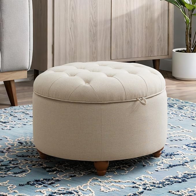 24'' Round Ottoman Coffee Table with Storage, Upholstered Tufted Ottoman with Flip Tray, Solid Wood Legs for Living Room, Bedroom, Khaki