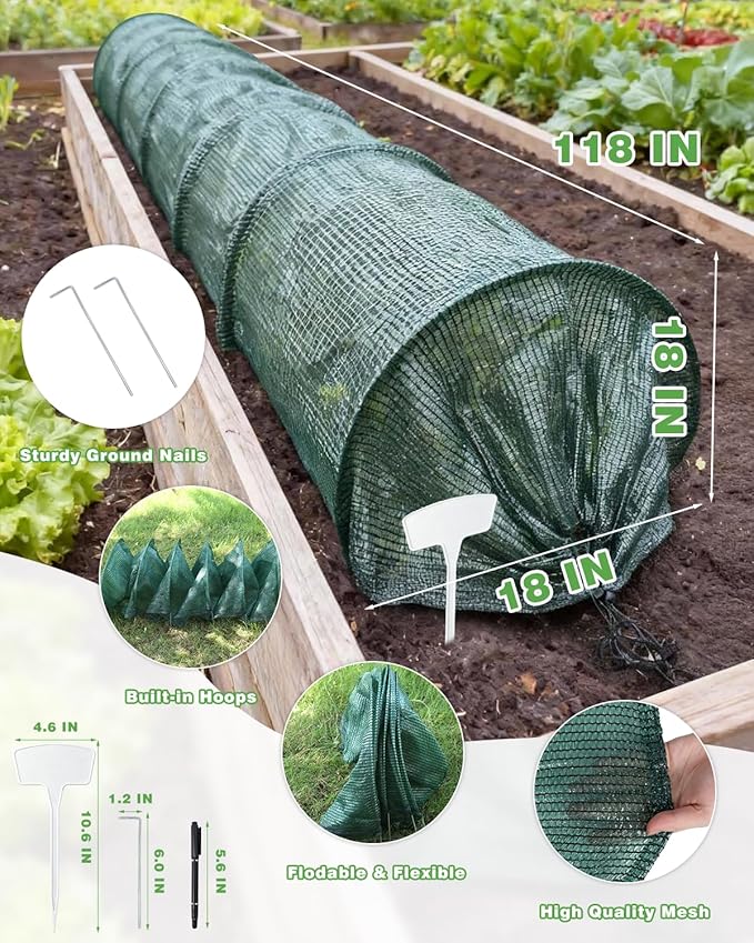 Foldable Garden Tunnel Sun Shade Hoop Cover,9.8×1.5 FT Portable Shade Cloth with Built-in Hoops Plant Cover,Ready-to-Use Garden Bed Shade Cover Netting for Vegetables,Fruits