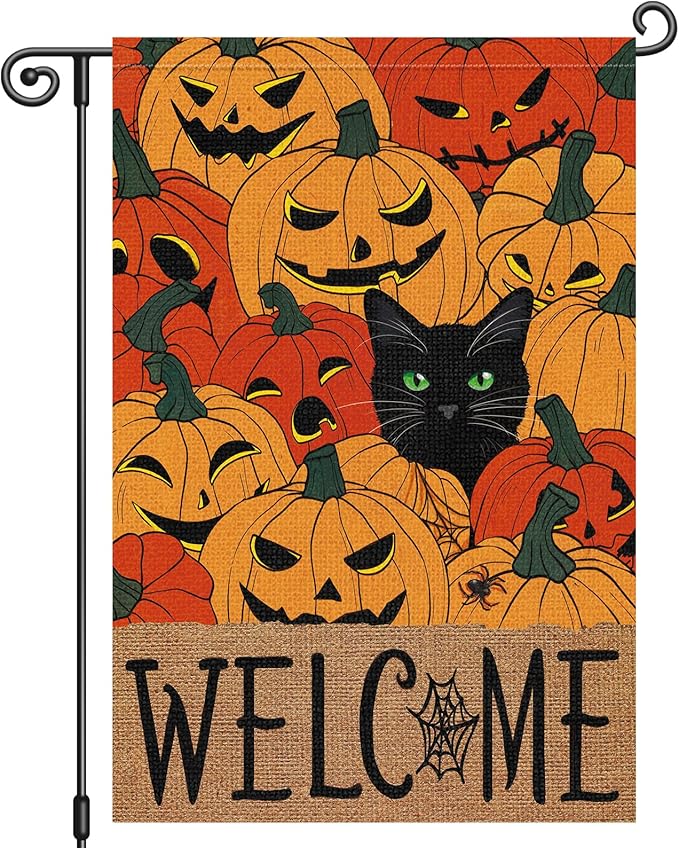 Louise Maelys Halloween Welcome Garden Flag Black Cat Pumpkin 12x18 Inch Double Sided Boo Holiday Fall Autumn Seasonal Small Burlap Yard Sign Outside Outdoor House Decoration