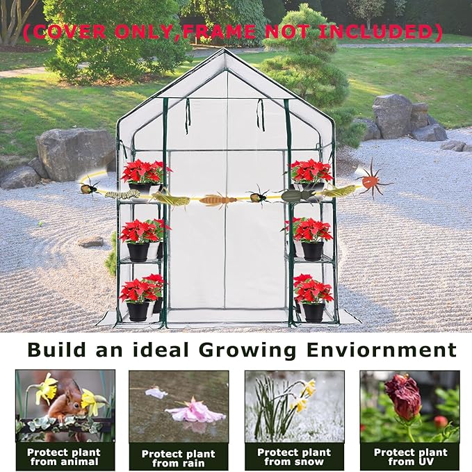 Purlyu Walk-in Greenhouse Replacement Cover with Roll-Up Zipper Door -56x56x76 inch PVC Greenhouse Cover for Outdoor Plant Gardening Plants Cold Frost Protection (Frame Not Include) (PLGH002PVCC)