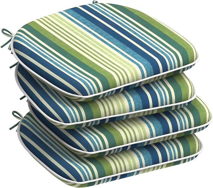 DYTXIII Set of 4 Outdoor Chair Cushions with Ties,Water Repellent Patio Chair Pads 17"x 16" for Outdoor Furniture,Round Corner Seat Cushions for Garden Yard Kitchen Stripe Blue Green