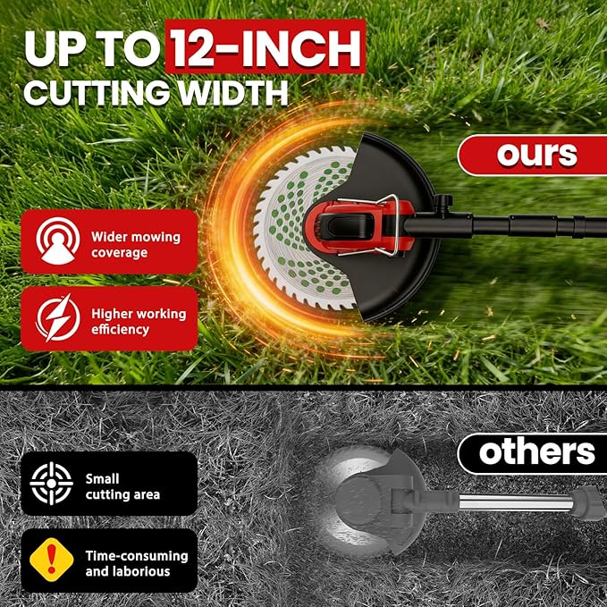12-Inch Cordless Electric Weed Wacker, 2x3.0Ah 21V Battery Powered Weed Eater with Wheels, 800W Brushless Motor, Lawn Mower with 4 Types Blades, 20000RPM Brush Cutter Grass Trimmer for Garden Yard