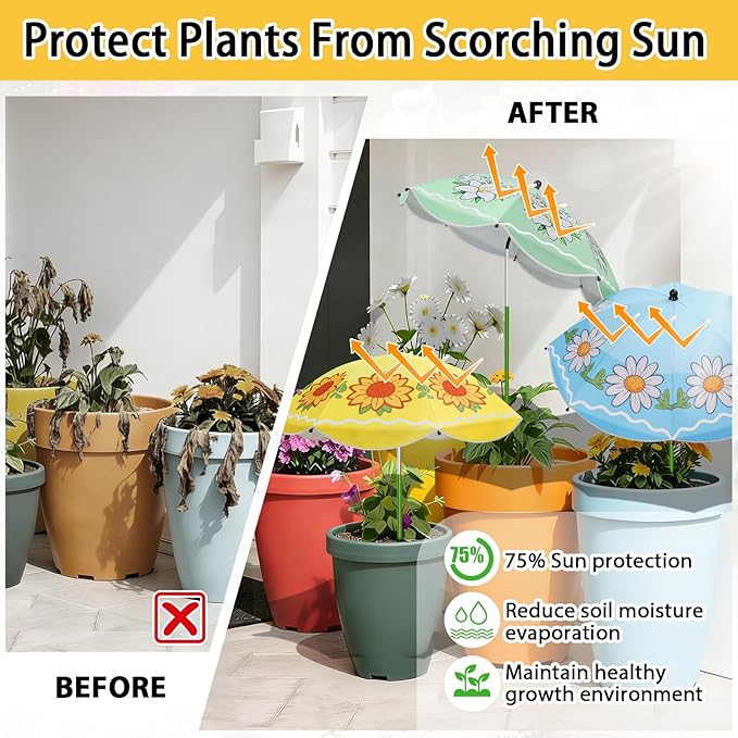 MJZ 4 Pack Upgraded Plant Umbrellas for Outdoor Plants, 26" Larger Garden Plant Shade Umbrella with Adjustable Angle 43.4" Higher Sun Shade with Floral Prints for Outdoor Potted Plants Garden Beds